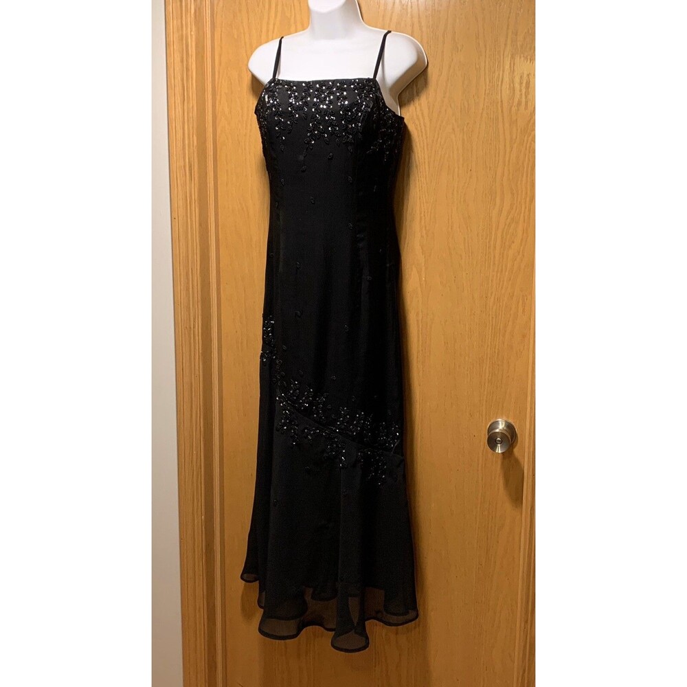 CACHE Black Sheer Beaded Asymmetrical Formal Long Evening Gown Dress Size 4 Y2K